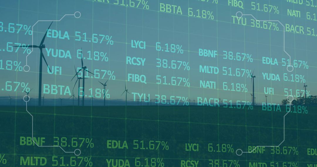 Wind Turbines with Financial Data Overlay Showcasing Eco-Innovation