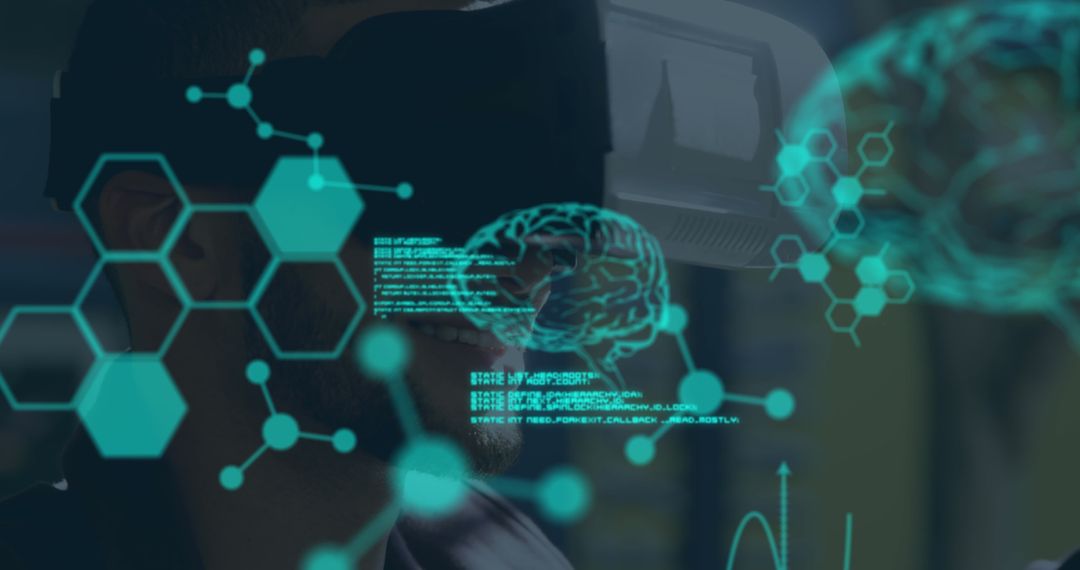 Businessman with VR Headset Surrounded by Digital Brain Projections