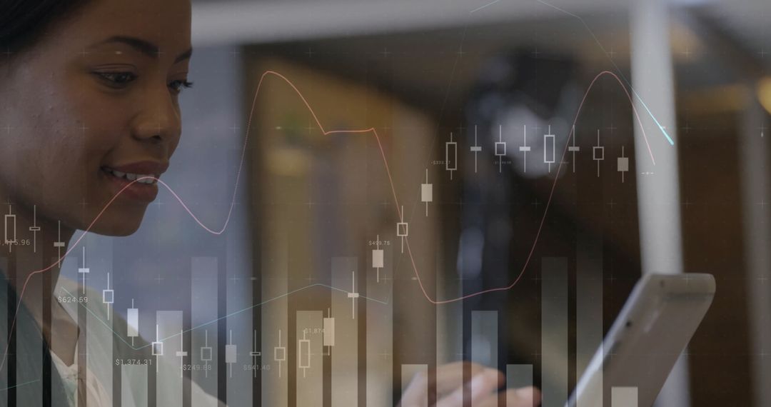 Businesswoman Analyzing Data with Digital Overlays on Tablet