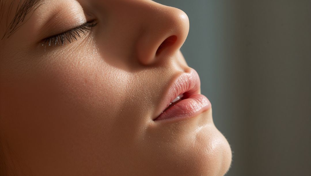Serene woman resting with closed eyes showcasing natural skin texture and soft lips
