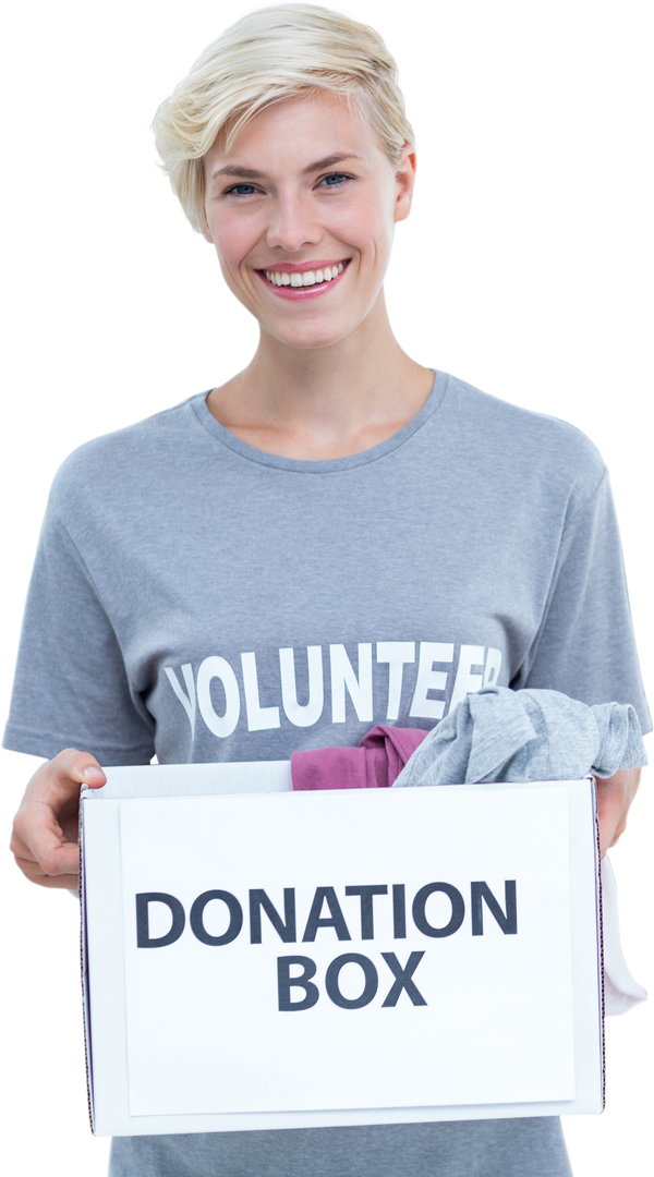 Happy Caucasian Female Volunteer Holds Donation Box Transparent Background - Download Free Stock Images Pikwizard.com