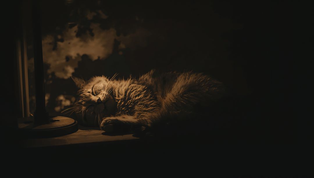 Sleeping Ginger Tabby Curling on Windowsill Under Warm Lamp Light, Cozy Moody Night Interior