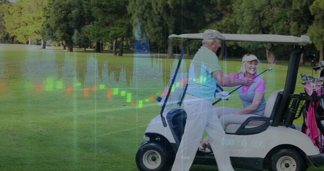 Couple Enjoying Golf Cart Ride with Financial Overlay on Golf Course