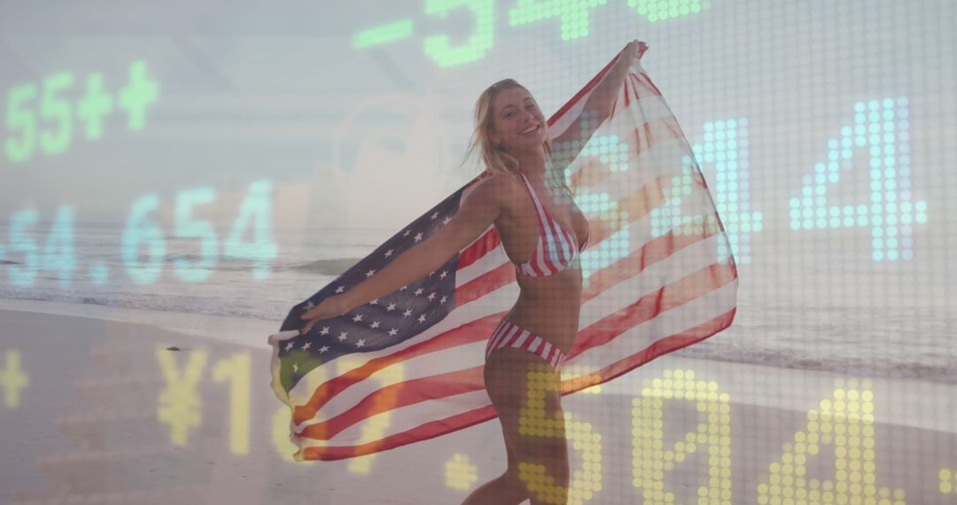Woman in Swimsuit with US Flag on Beach with Financial Data Overlay
