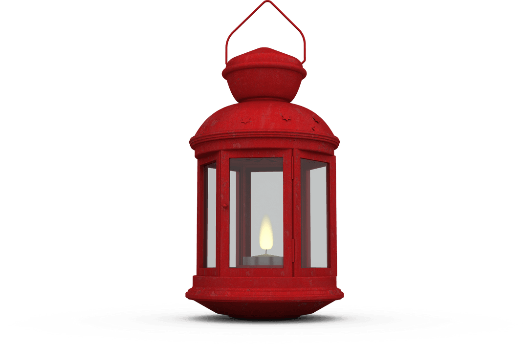 Red Transparent Christmas Lantern with Lit Candle Flame
