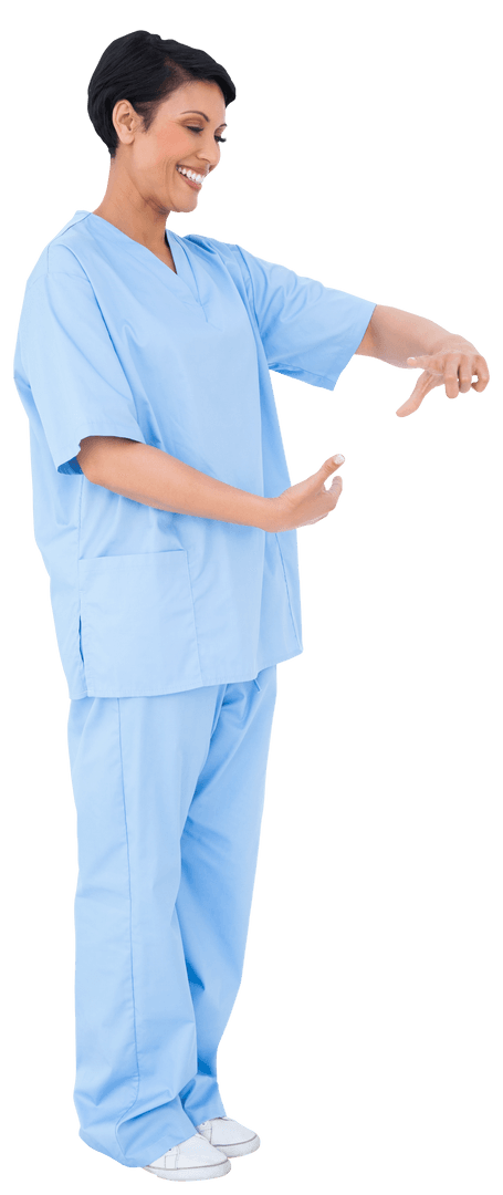 Happy Nurse Gesturing in Blue Scrubs on Transparent Background