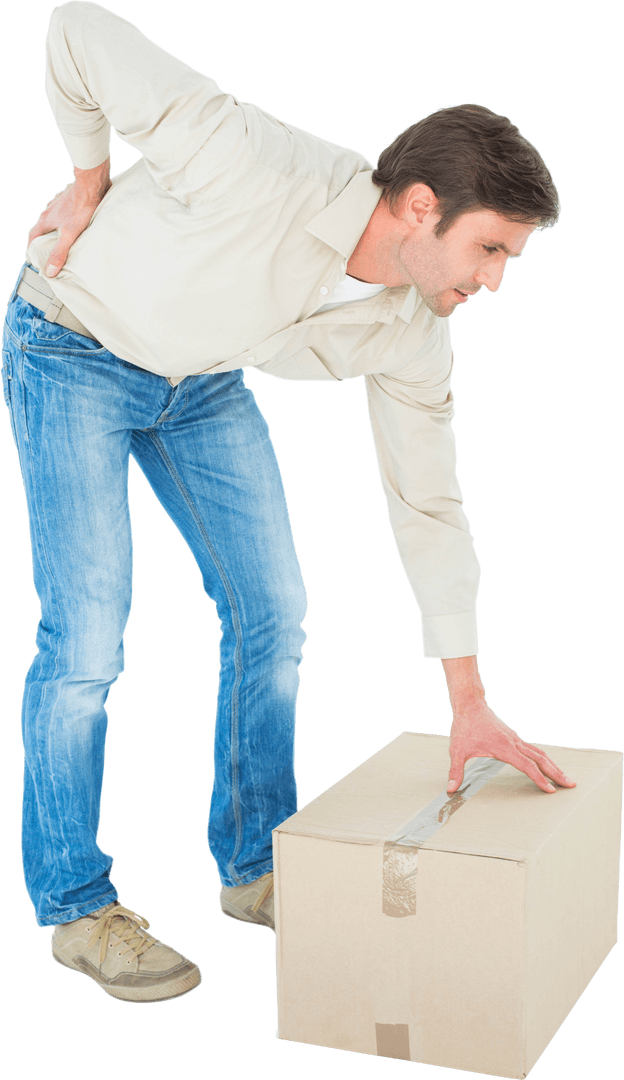 Transparent Delivery Man Experiencing Back Pain Lifting Heavy Box