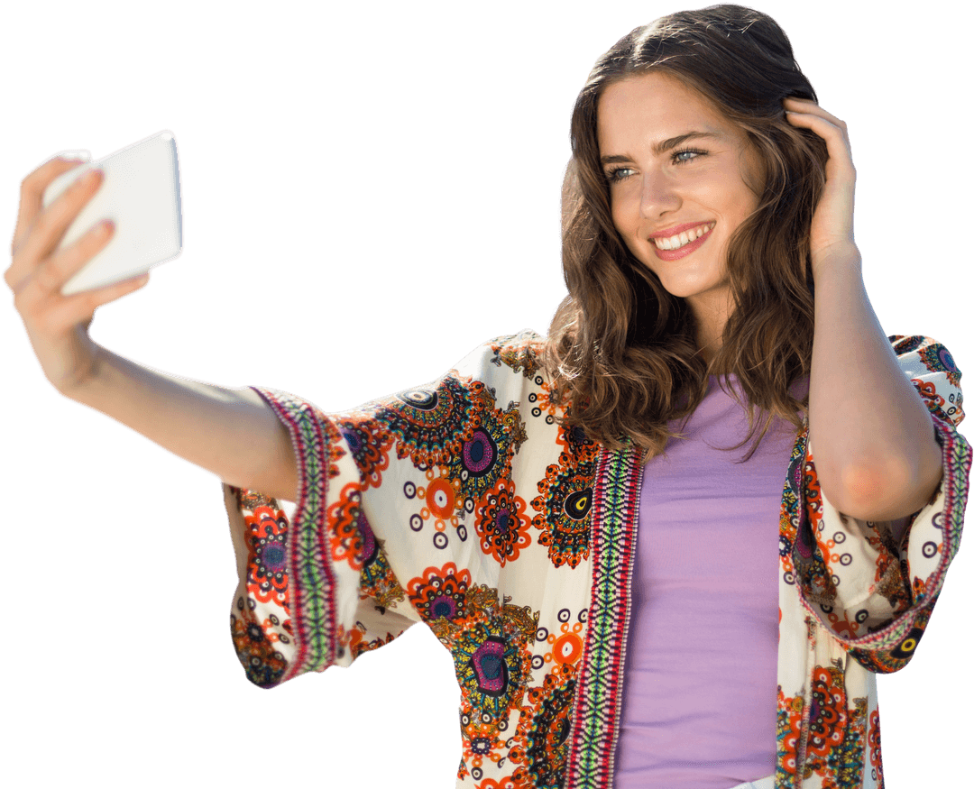 Young Woman Smiling in Colorful Attire Taking a Transparent Selfie