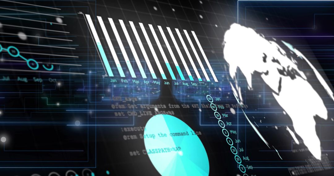 Holographic analytics dashboard projecting global data visualization with neon teal HUD