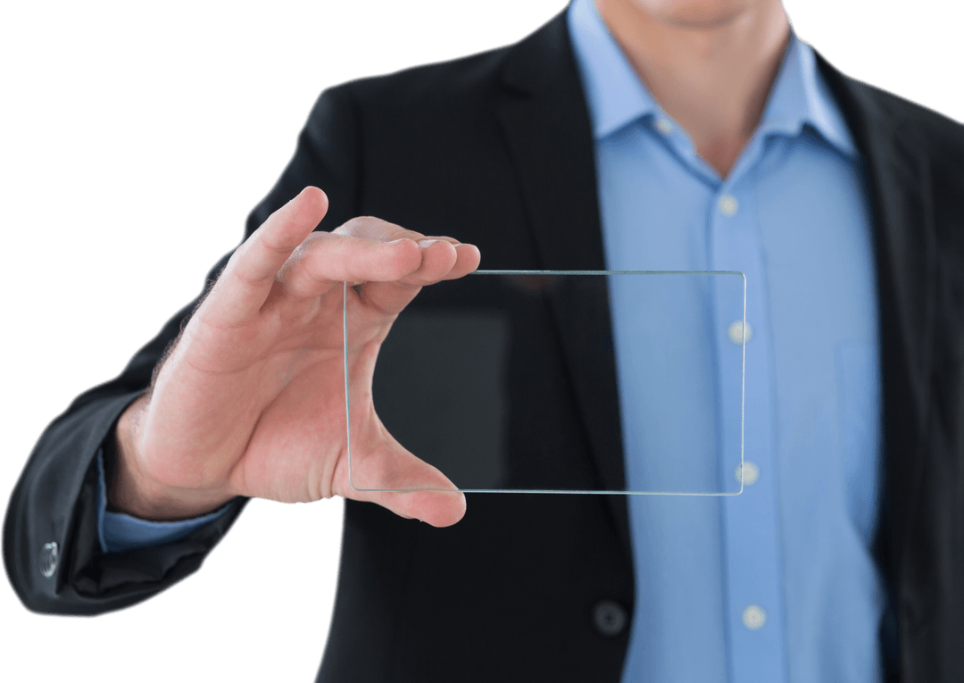 Businessman Holding Transparent Device in Innovative Gesture
