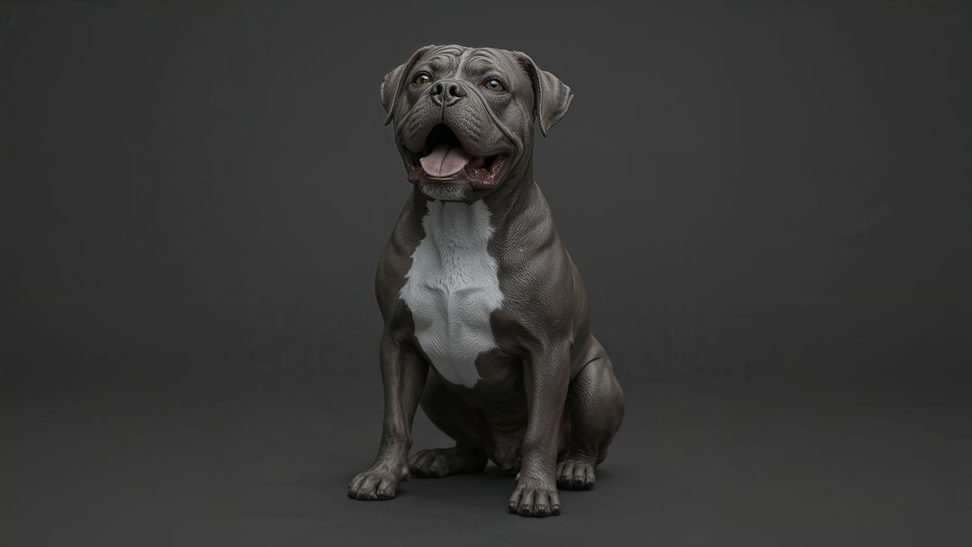 Panting muscular grey barking dog in studio environment