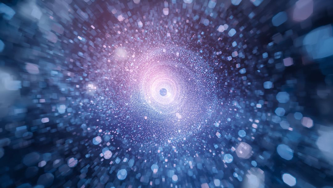 Spiraling Glowing Particle Vortex Drawing Light Inward Through Cosmic Tunnel with Hexagon Bokeh