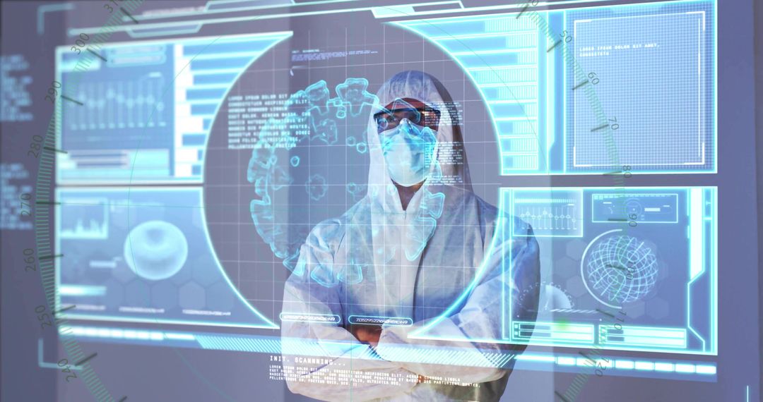 Futuristic Hazmat Scientist Analyzing Holographic Data in Laboratory