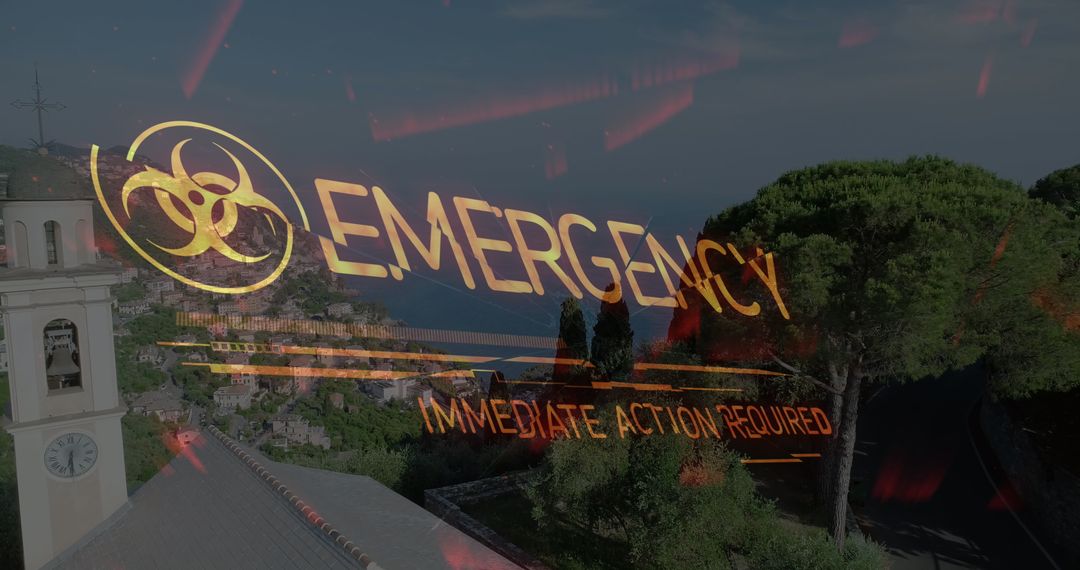 Biohazard Warning Over Scenic Cityscape at Dusk