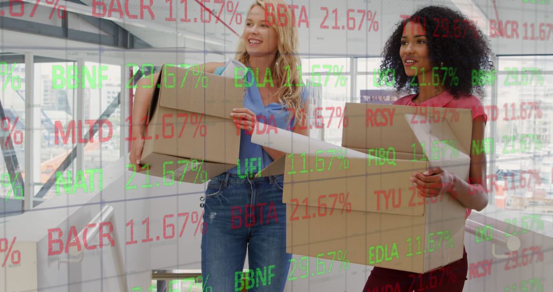 Two Female Employees Relocating Office with Stock Market Data Overlay - Free Images, Stock Photos and Pictures on Pikwizard.com