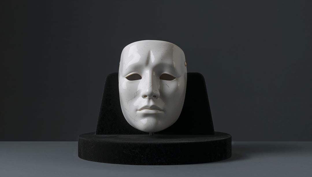 Glossy White Porcelain Mask on Black Velvet Pedestal Minimalist Gallery Display Conceptual Art