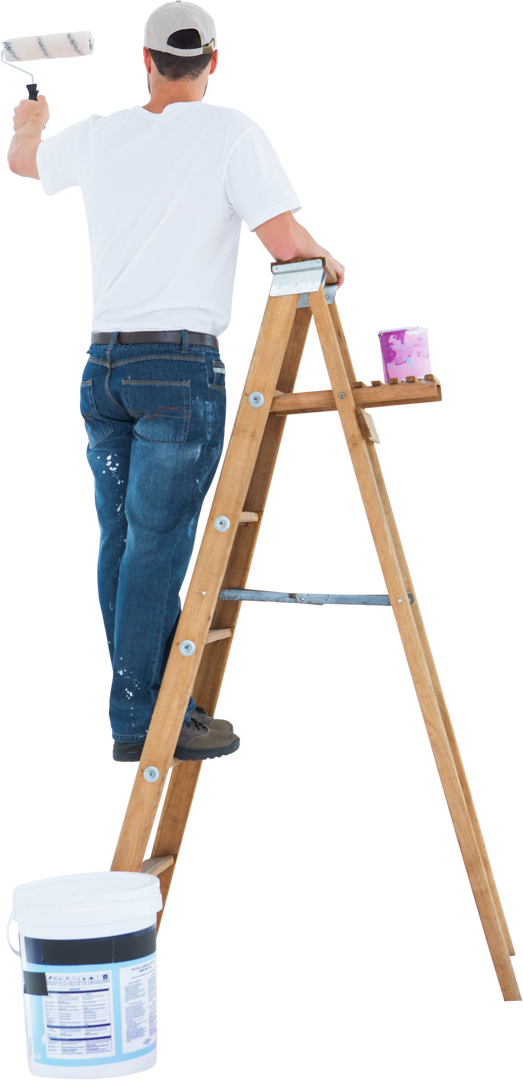 Man on Ladder Transparently Painting Wall with Roller - Download Free Stock Images Pikwizard.com