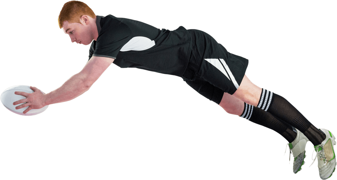 Transparent Rugby Player Leaping to Score Try