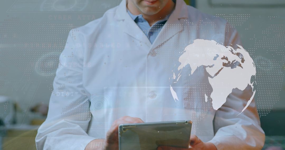 Businessman Analyzing Global Data on Smart Device with Digital Overlay