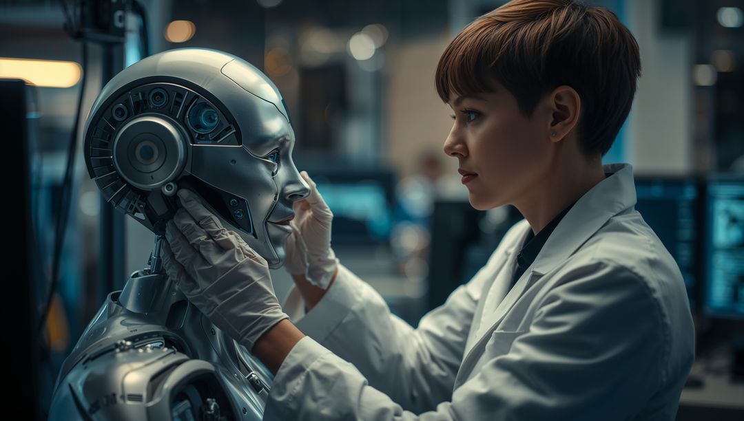 Engineer Interacting with Humanoid Robot in Cutting-Edge Laboratory