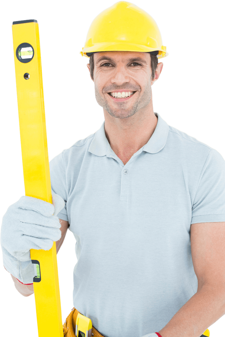 Transparent Smiling Construction Worker Holding Level Tool