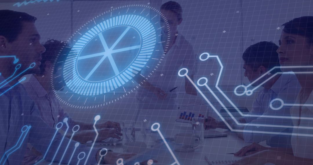 Business Team Analyzing Data with Futuristic Holographic Interface