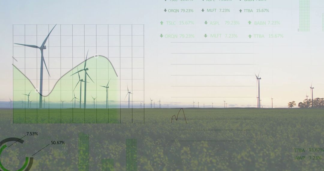 Financial Data Overlay on Wind Turbines Symbolizing Green Energy Investment