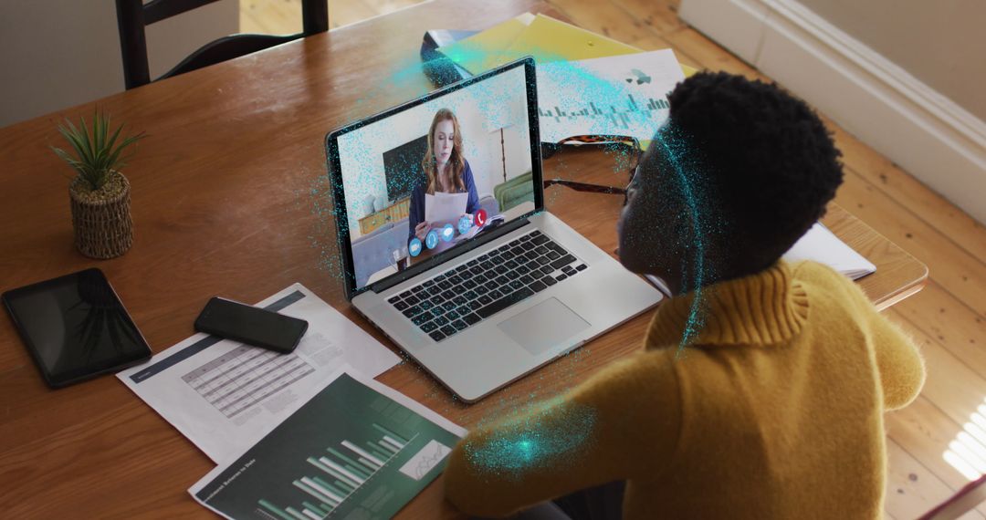 Virtual Meeting with Holographic Globe Overlay at Home Workspace