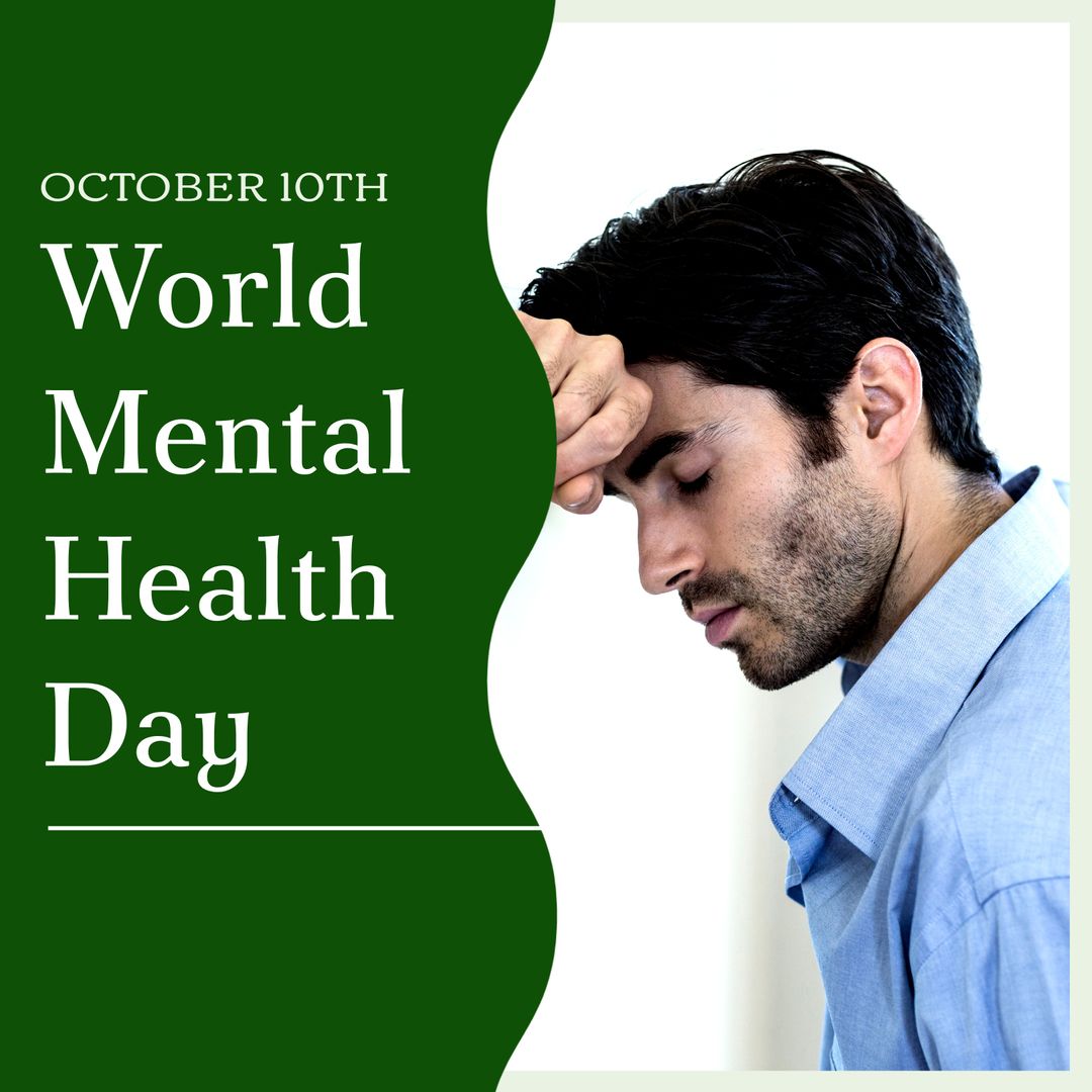 Pensive Man Observing World Mental Health Day with Text