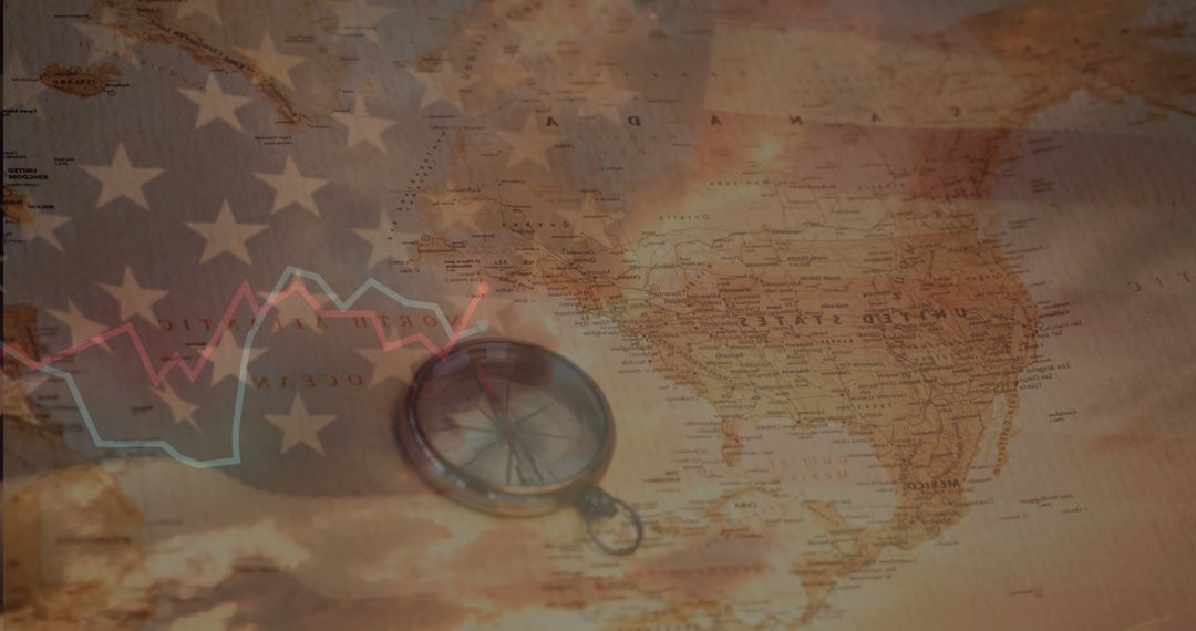 Global Business Trends Overlaid on American Map and Flag