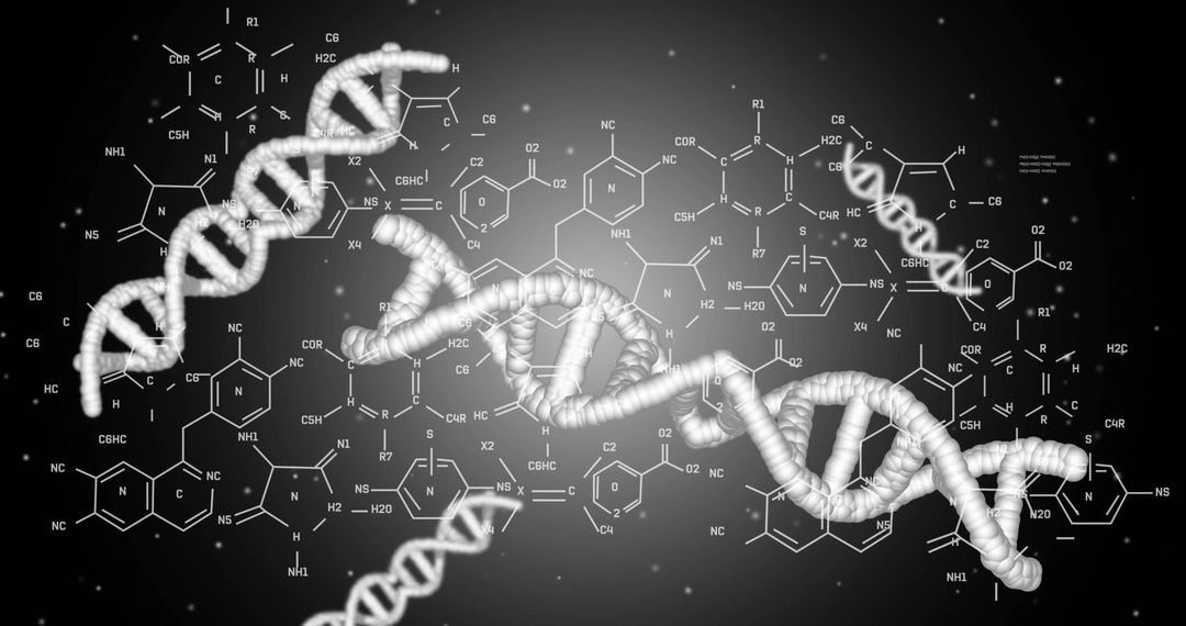 DNA Helix and Chemical Formulas on Dark Background