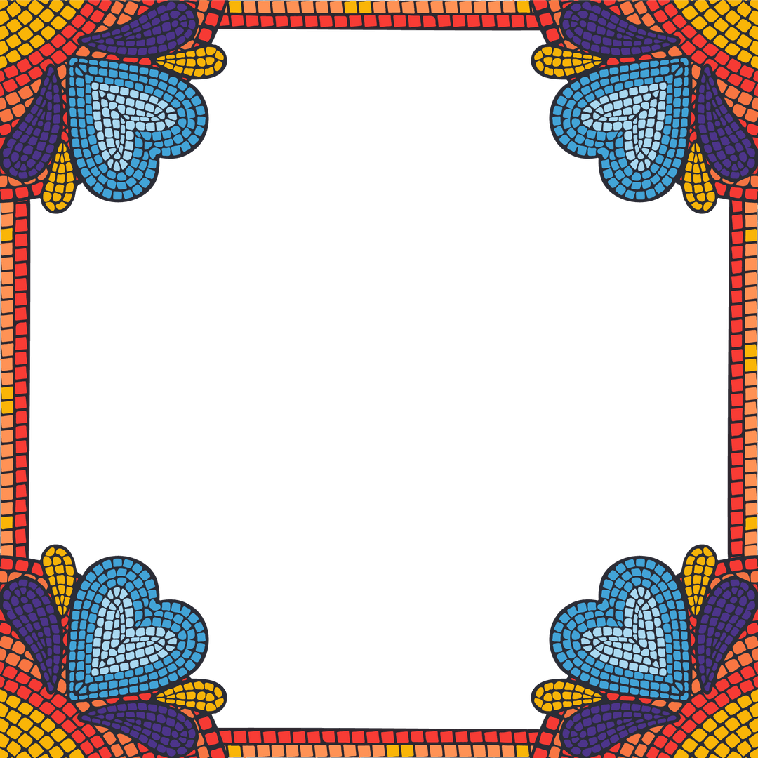 Colorful Mosaic Frame with Heart Motifs on Transparent Background