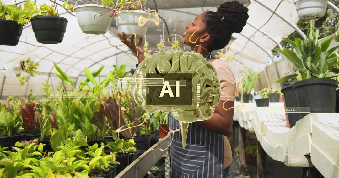 Greenhouse Gardener Inspecting Hanging Planter with AI Brain Overlay for Plant Monitoring