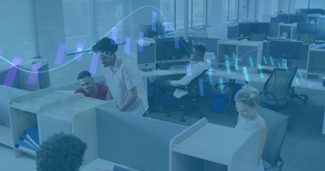 Coworkers Collaborating in Modern Office with Data Visualizations