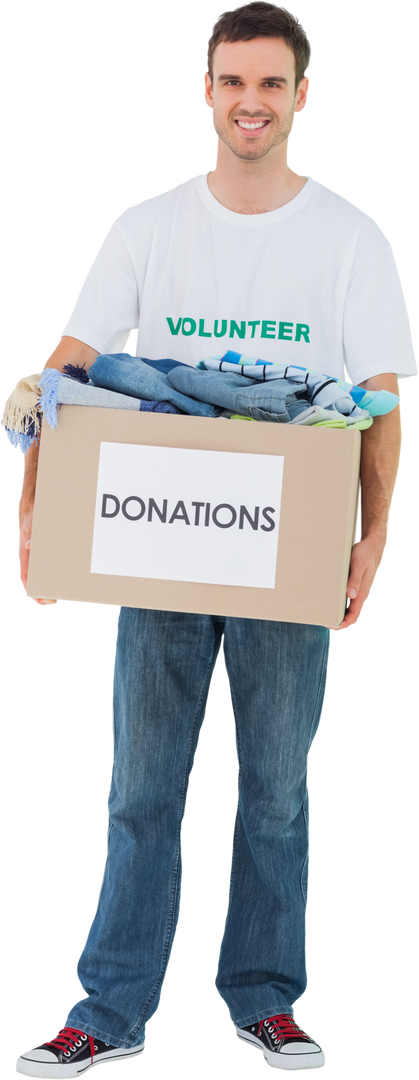 Smiling Man Holding Transparent Donation Box Full of Clothes - Download Free Stock Images Pikwizard.com