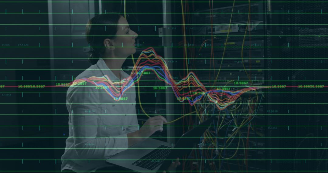 Technician Adjusting Network Cables in Server Room with Data Overlay