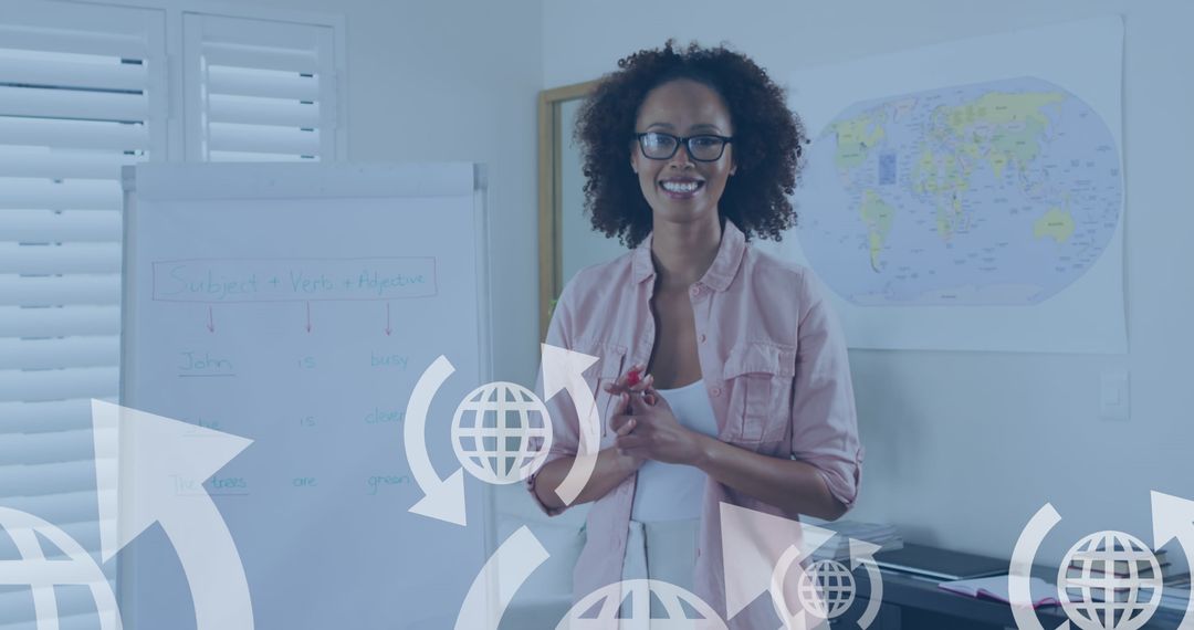 Woman Presenting with Digital Global Network Elements