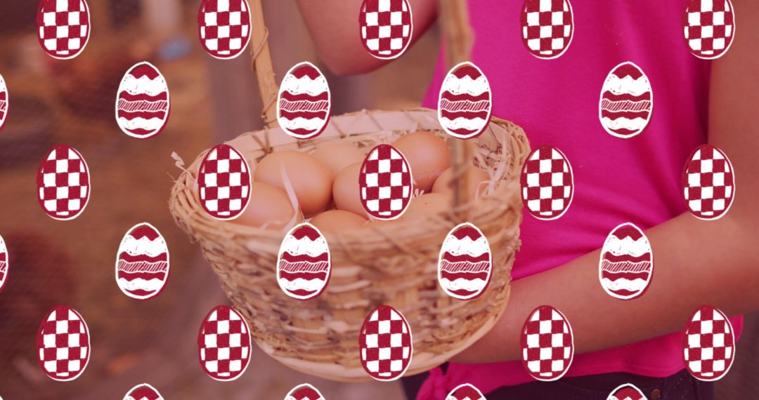 Decorative Easter Pattern Overlay on Woman Carrying Egg Basket