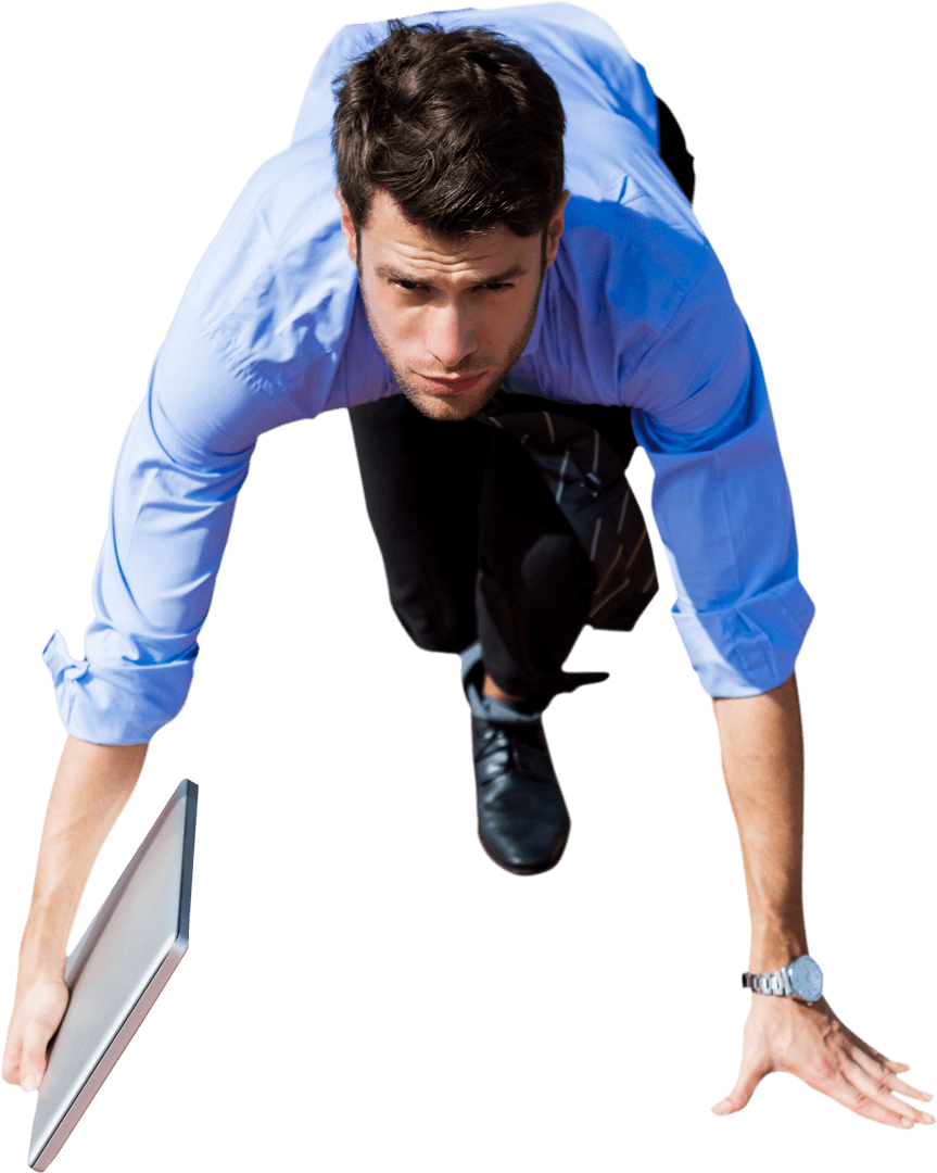 Businessman Preparing to Run on Transparent Background