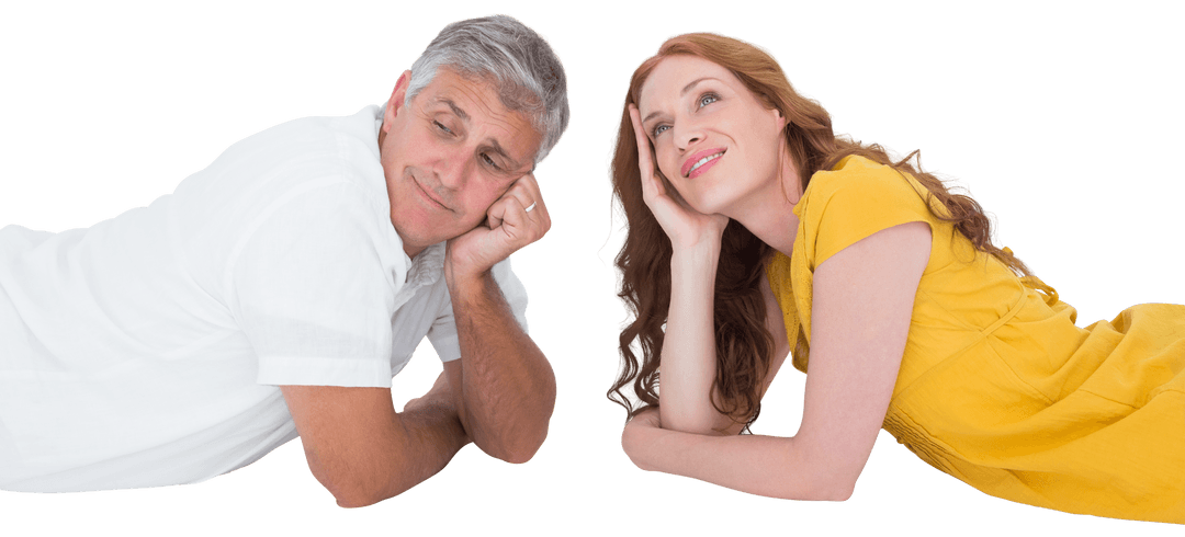Casual Couple Lying on Transparent Background Smiling