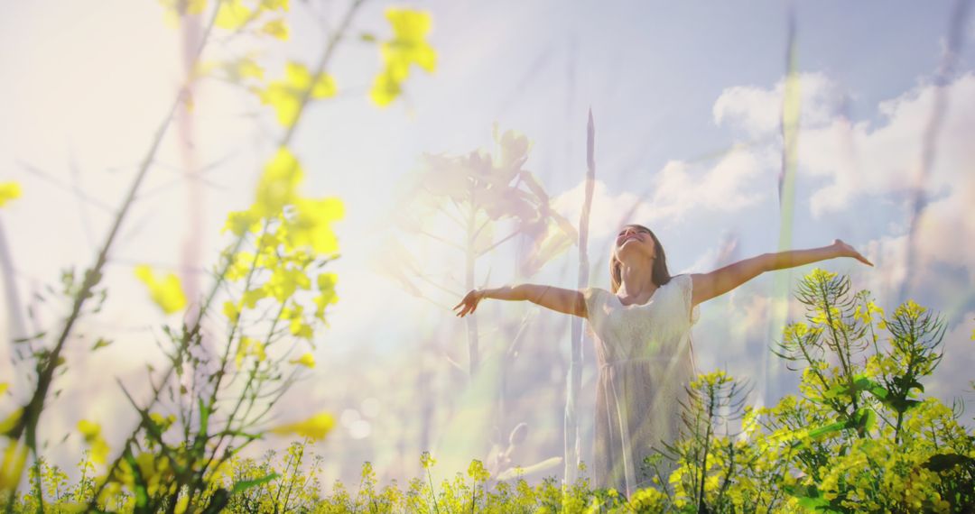 Carefree woman enjoying meadow under sunny sky - Free Images, Stock Photos and Pictures on Pikwizard.com