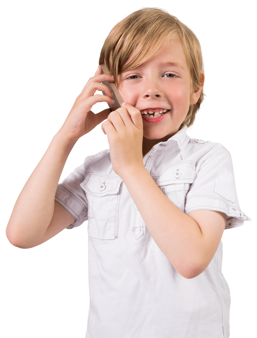 Young Caucasian Boy Using Smartphone Smiling Transparent Background