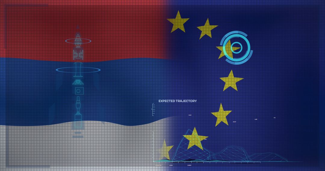 Data Processing Over Serbian and EU Flags on Geo-Political Blueprint
