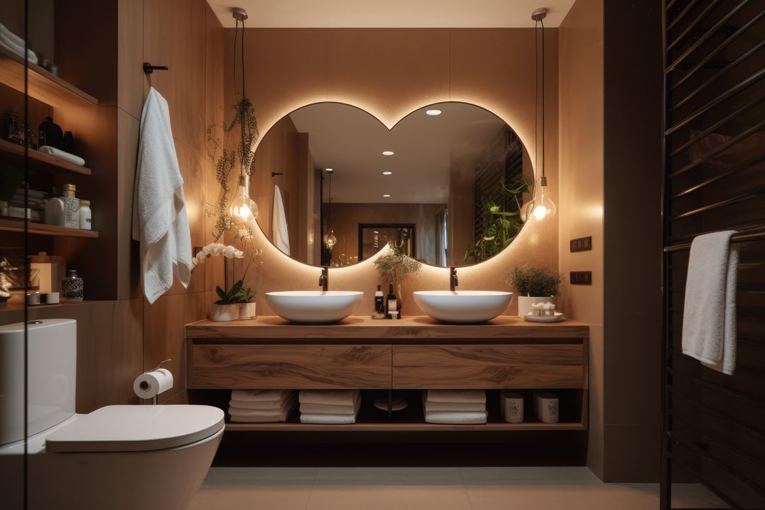 Modern Bathroom with Heart-Shaped Mirror and Double Sinks - Free Images, Stock Photos and Pictures on Pikwizard.com