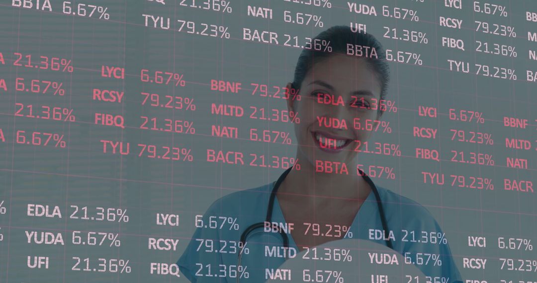 Nurse Presenting Financial Stock Data Overlay in Modern Setting