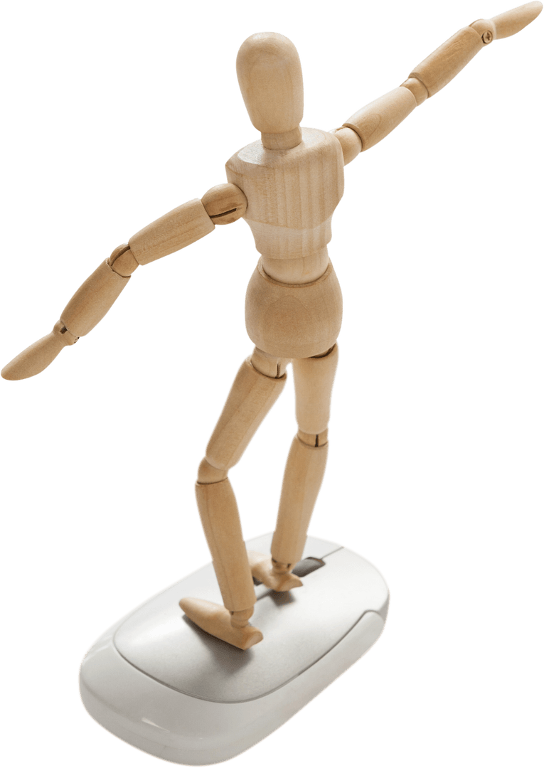 Wooden Figure Balancing on Computer Mouse Transparent Illustration