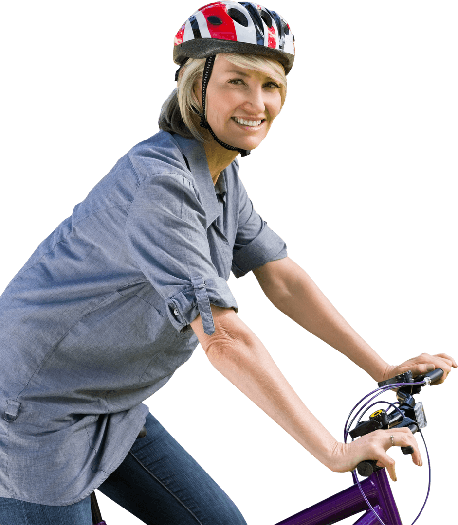 Joyful Middle-Aged Woman Cycling with Helmet on Transparent Background