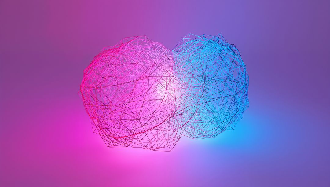 Glowing wireframe orbs merging in neon magenta and cyan gradient studio lighting