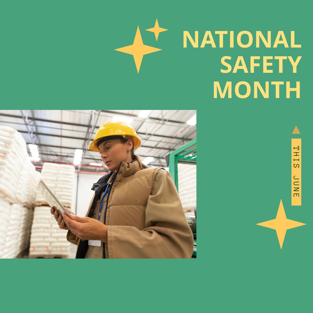 National Safety Month Promotion with Woman in Hardhat Using Tablet - Download Free Stock Templates Pikwizard.com