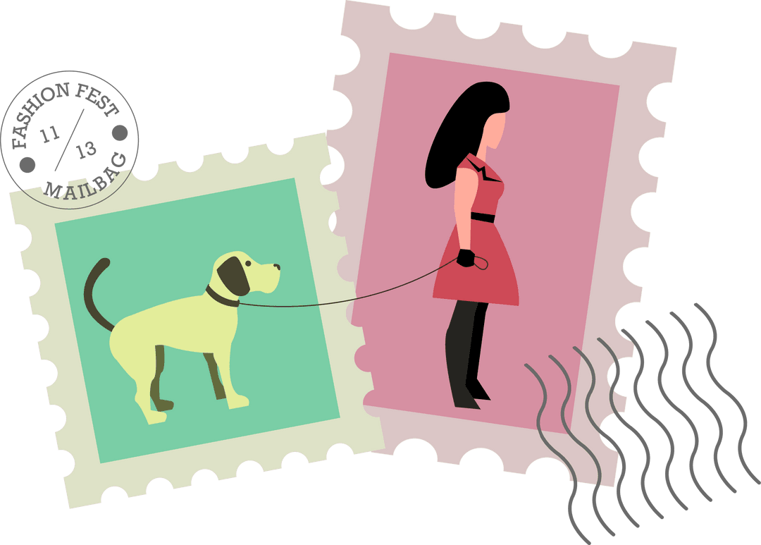 Whimsical Dog Walker Stamps on Transparent Background